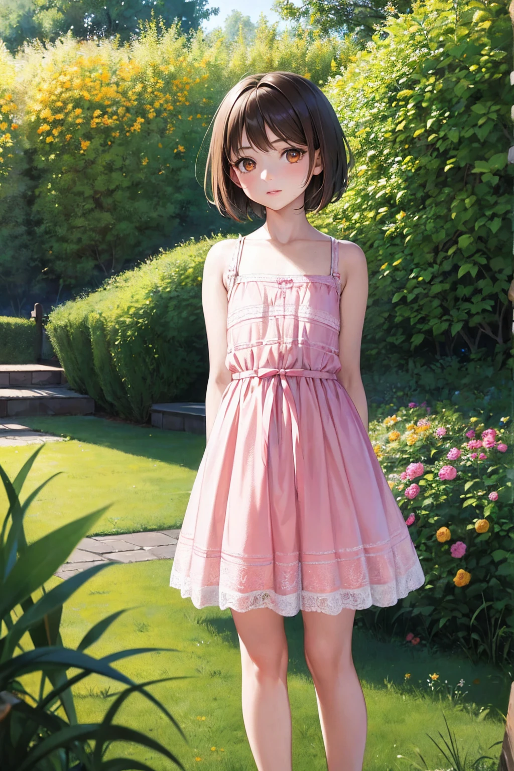 Masterpiece,stunning realistic, best quality, sharpness, 1 girl,11 years old,very short hair,brown hair,(straight hair:1),orange eyes,(arms behind back:1),standing in a garden,pink summerdress,