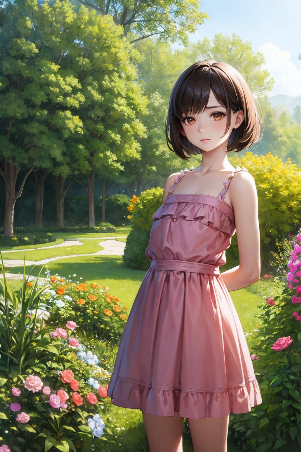 Masterpiece,stunning realistic, best quality, sharpness, 1 girl,11 years old,very short hair,brown hair,(straight hair:1),orange eyes,(arms behind back:1),standing in a garden,pink summerdress, 