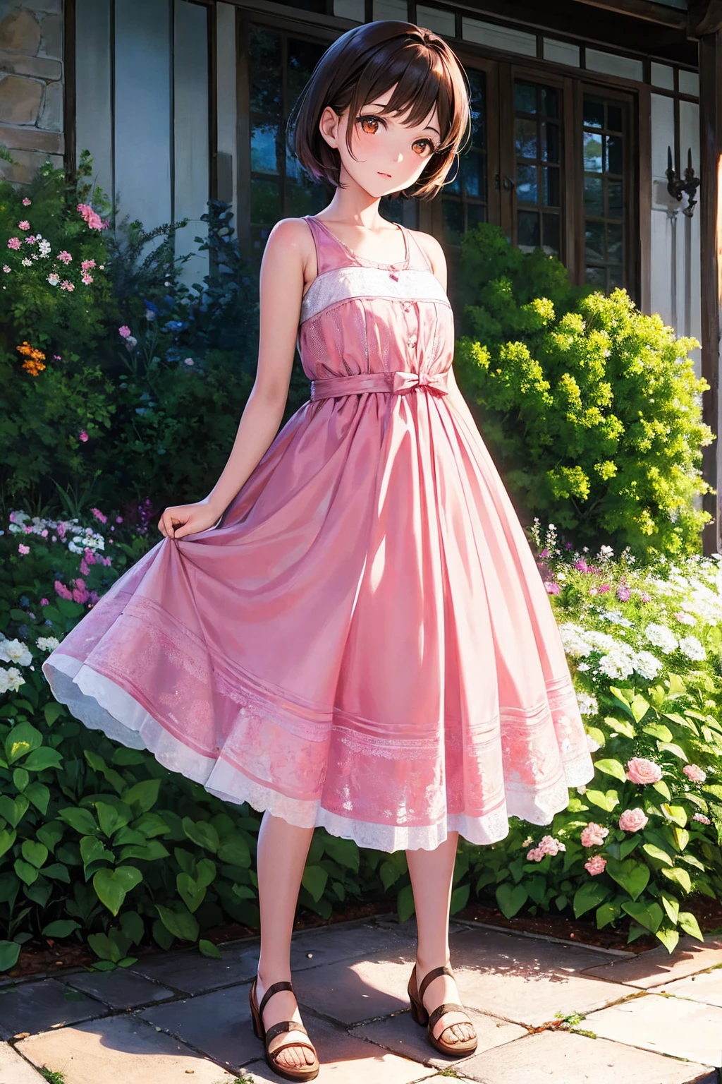 Masterpiece,stunning realistic, best quality, sharpness, 1 girl,11 years old,very short hair,brown hair,(straight hair:1),orange eyes,(arms behind back:1),standing in a garden,pink summerdress, 