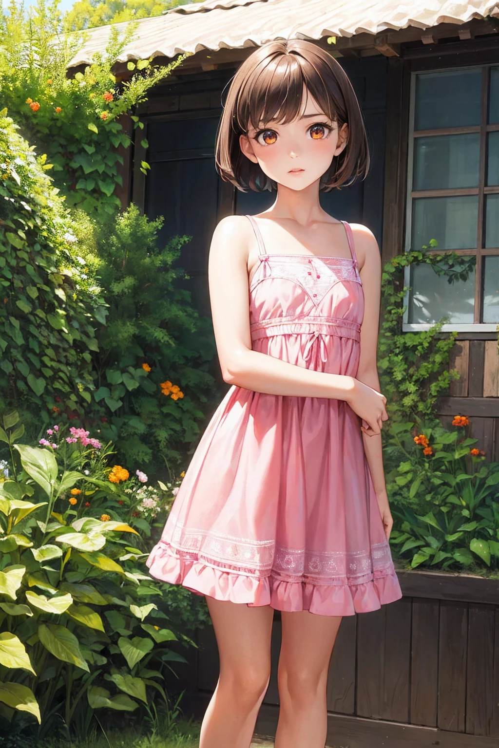 Masterpiece,stunning realistic, best quality, sharpness, 1 girl,11 years old,very short hair,brown hair,(straight hair:1),orange eyes,(arms behind back:1),standing in a garden,pink summerdress,