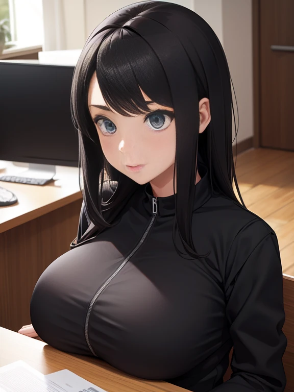 girl, with big breasts, with matte black clothes