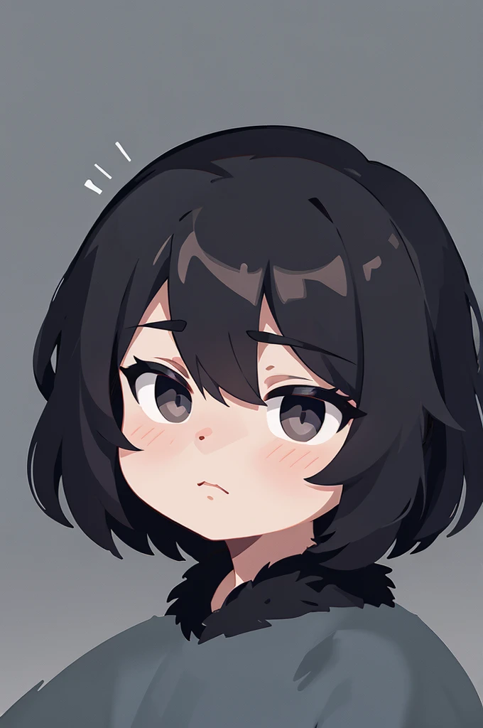 boy, black hair, deep black eyes, black coat with fur, stone background, pathetic face
