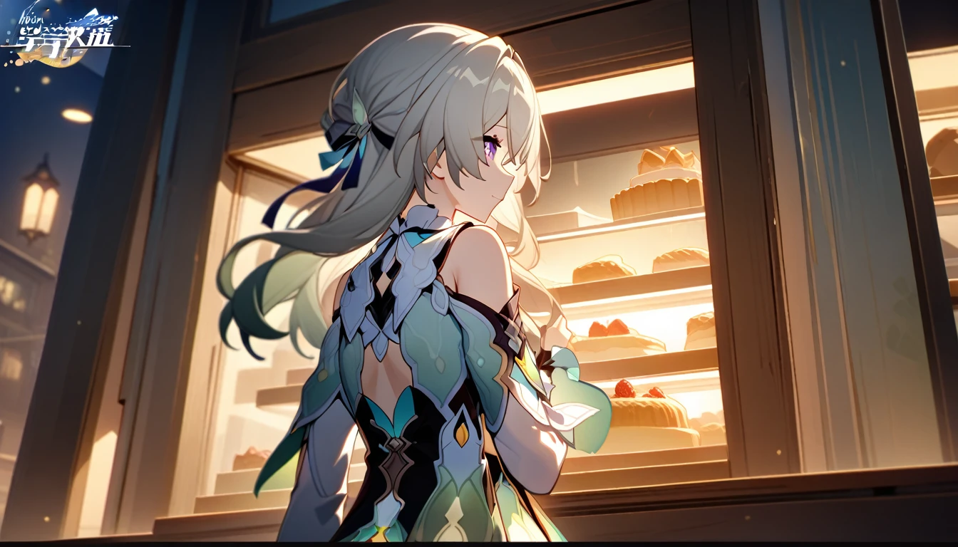 scene of girl standing in front of bakery window, 1girl, firefly, honkai star rail, staring at cake through window, detailed, high quality, fair, hd, detailed, good lighting, back turned, back off head,