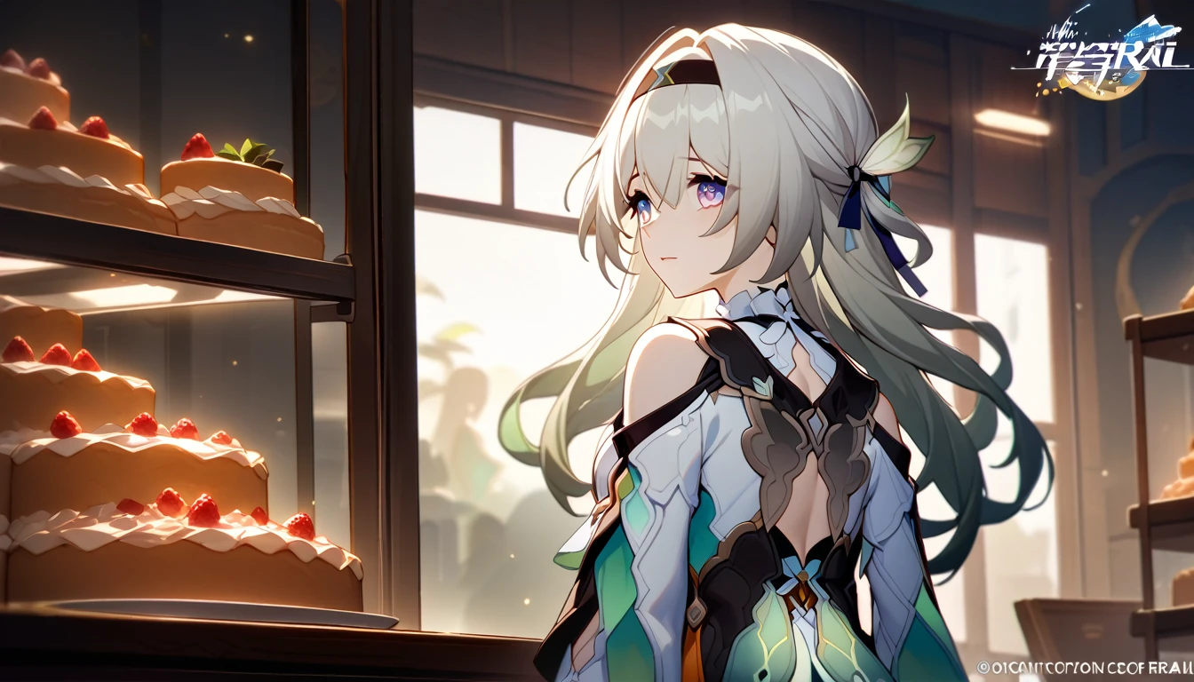 scene of girl standing in front of bakery window, 1girl, firefly, honkai star rail, staring at cake through window, detailed, high quality, fair, hd, detailed, good lighting, back turned, back off head,