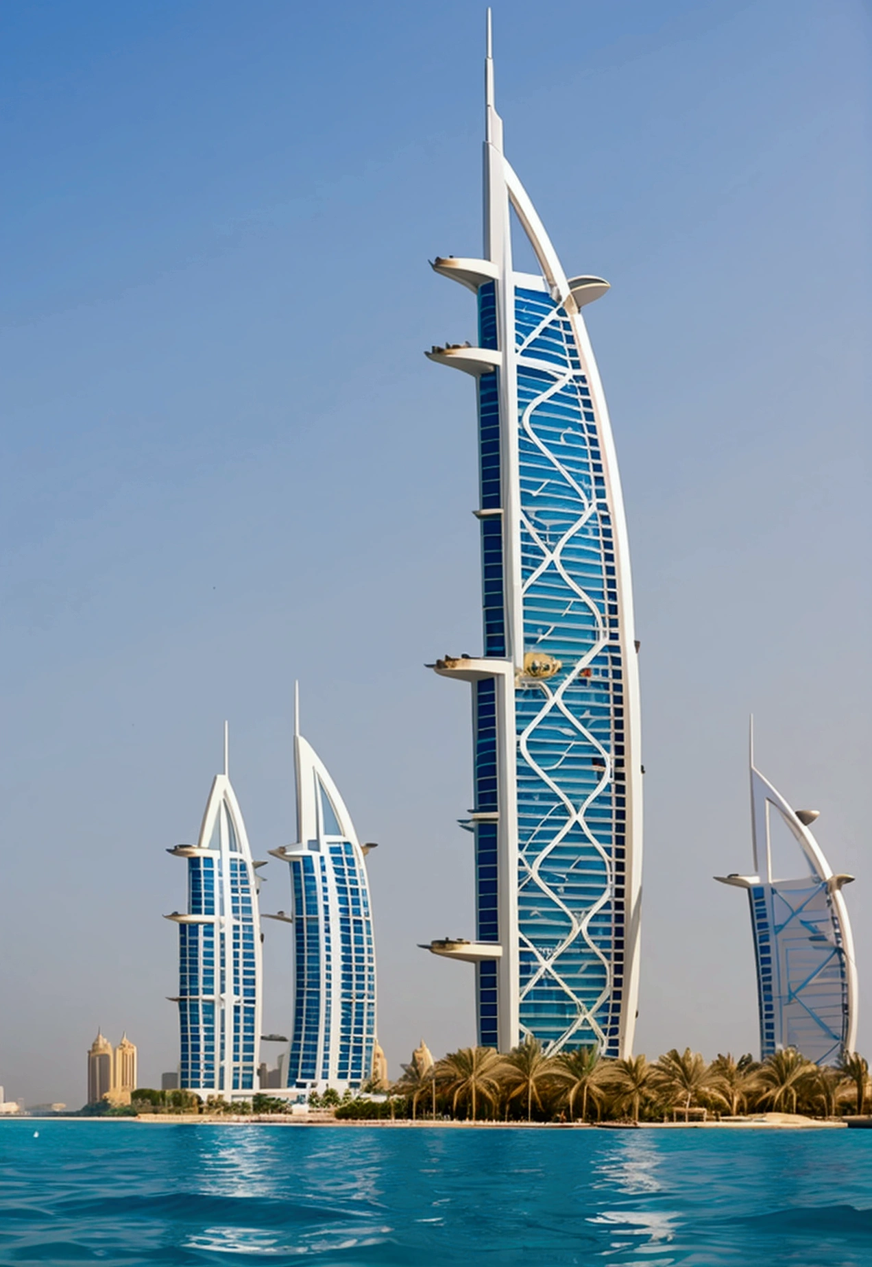 Create a fascinating scene, in which the Atlantis Hotel in Dubai in the clear, deep blue waters of the Persian Gulf. The scene shows the magnificent hotel, whose towers and facades are surrounded by corals and marine plants. Fish swim through the former rooms and gardens, while the light of the sun penetrates the water and bathes the scenery in a magical glow. The modern skyline of Dubai stretches out on the horizon, which underlines the contrast between past and present.