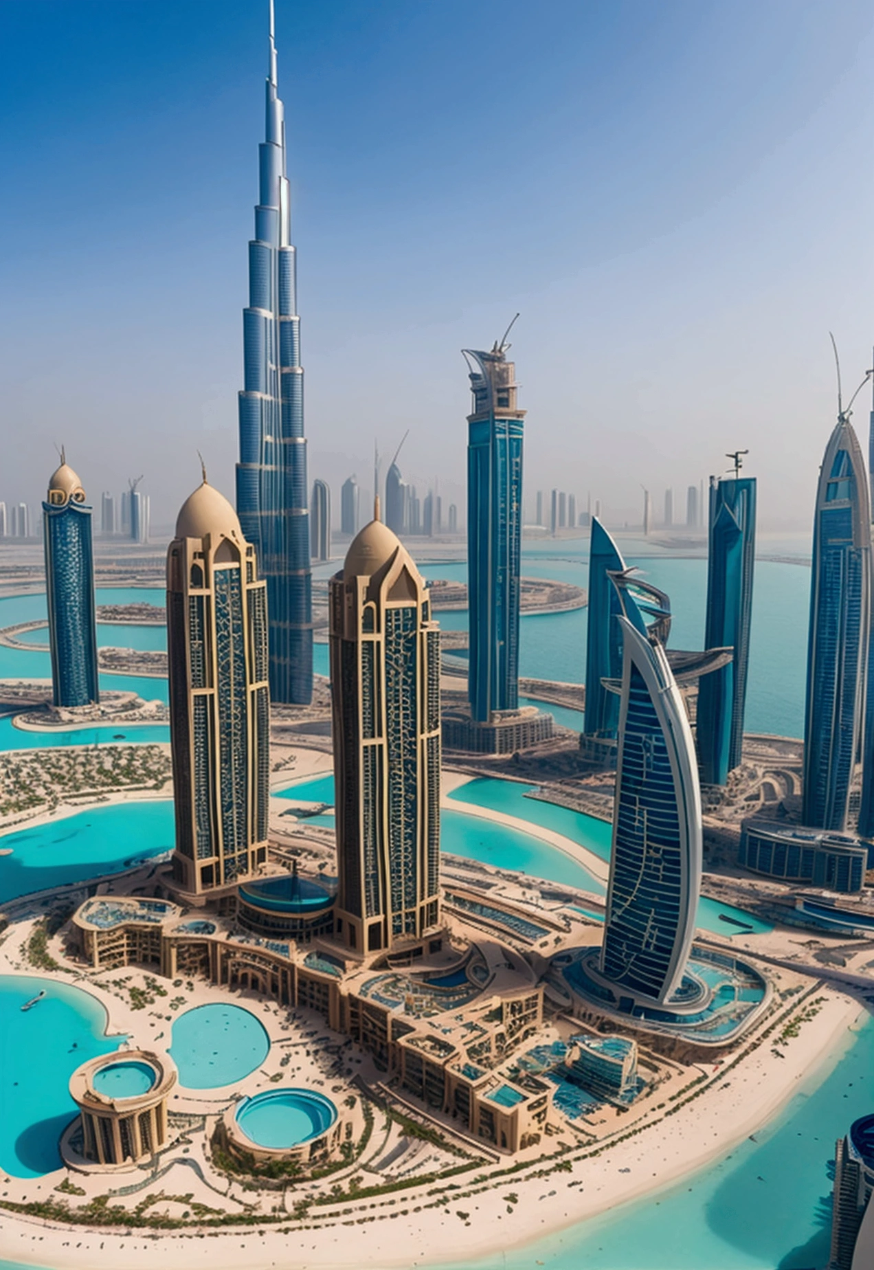 Create a fascinating scene, in which the Atlantis Hotel in Dubai in the clear, deep blue waters of the Persian Gulf. The scene shows the magnificent hotel, whose towers and facades are surrounded by corals and marine plants. Fish swim through the former rooms and gardens, while the light of the sun penetrates the water and bathes the scenery in a magical glow. The modern skyline of Dubai stretches out on the horizon, which underlines the contrast between past and present.