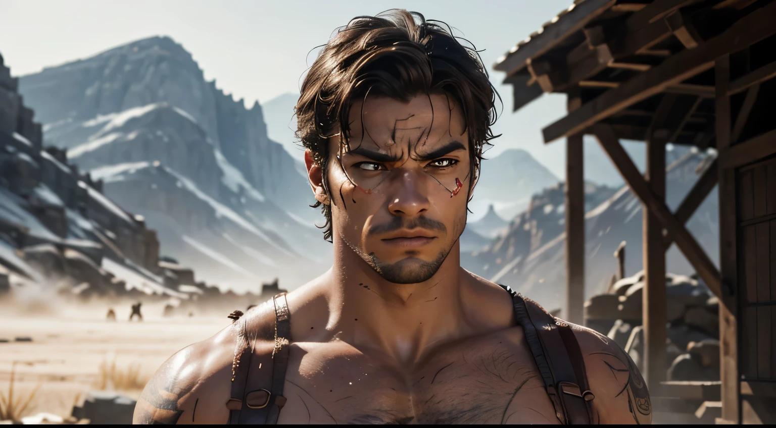 Create a realistic image with a serious expression on your face, with a warrior appearance. He must be shirtless, showing battle scars on their shoulders and neck. The image should focus on the face, highlighting your distinct and expressive facial features, like deep wrinkles and piercing eyes. Add elements such as light war paint on the face and a background that suggests a battle environment. Lighting should be dramatic, accentuating the character&#39;s gravity and strength."