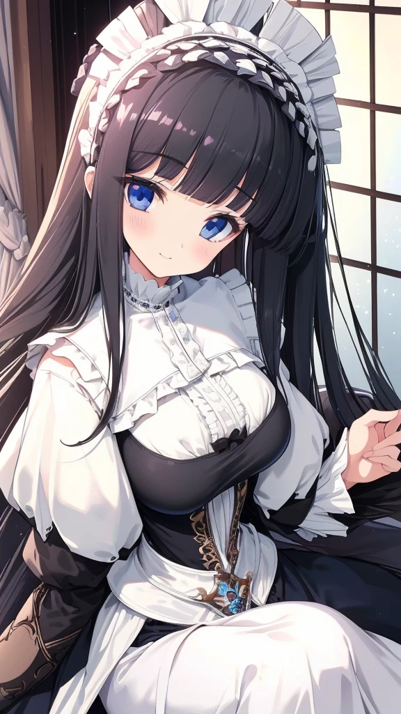 best quality, extremely detailed, anime style girl, long hair down to the waist, straight hair, dark black hair with bluish,crown braid,beautiful detailed eyes, pinched eyes, dark blue eyes, gradation eyes,huge breasts,((((white English noblewoman's clothes)))),Luxury English hats,English like café,sitting on a chair,smile