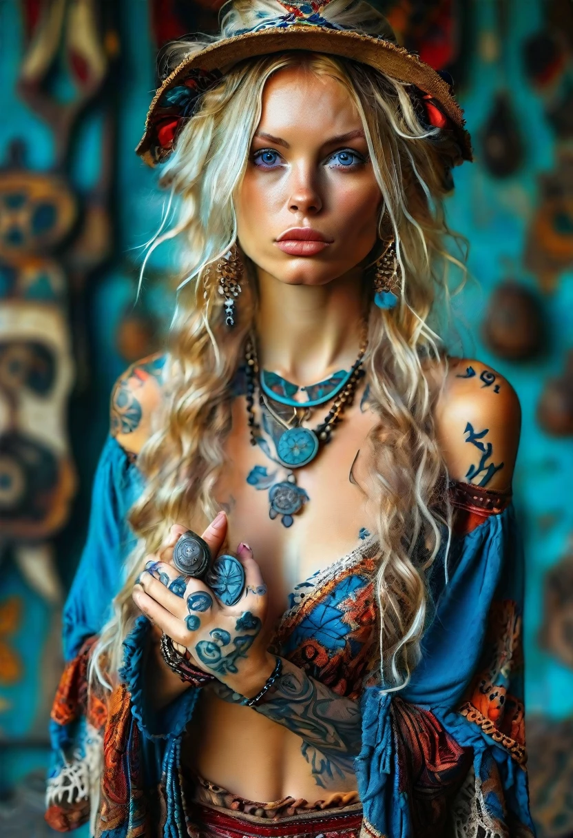 full-body woman with a rude appearance, long mesy blond hair, in bohemian style clothing, eyes blue, tattoos in arms, 