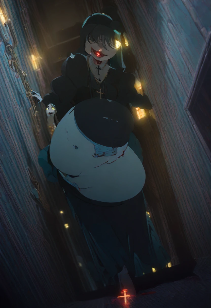 1girl, nun, cross, cross necklacke, jewelry, (black hair), (turquoise bangs), very short hair, hair over eyes, pale skin, yellow eyes, glowing eyes, black dress, house, corridor, evil smile, blood on mouth, very big belly, horror scene, (masterpiece), best quality, anime style, full body
