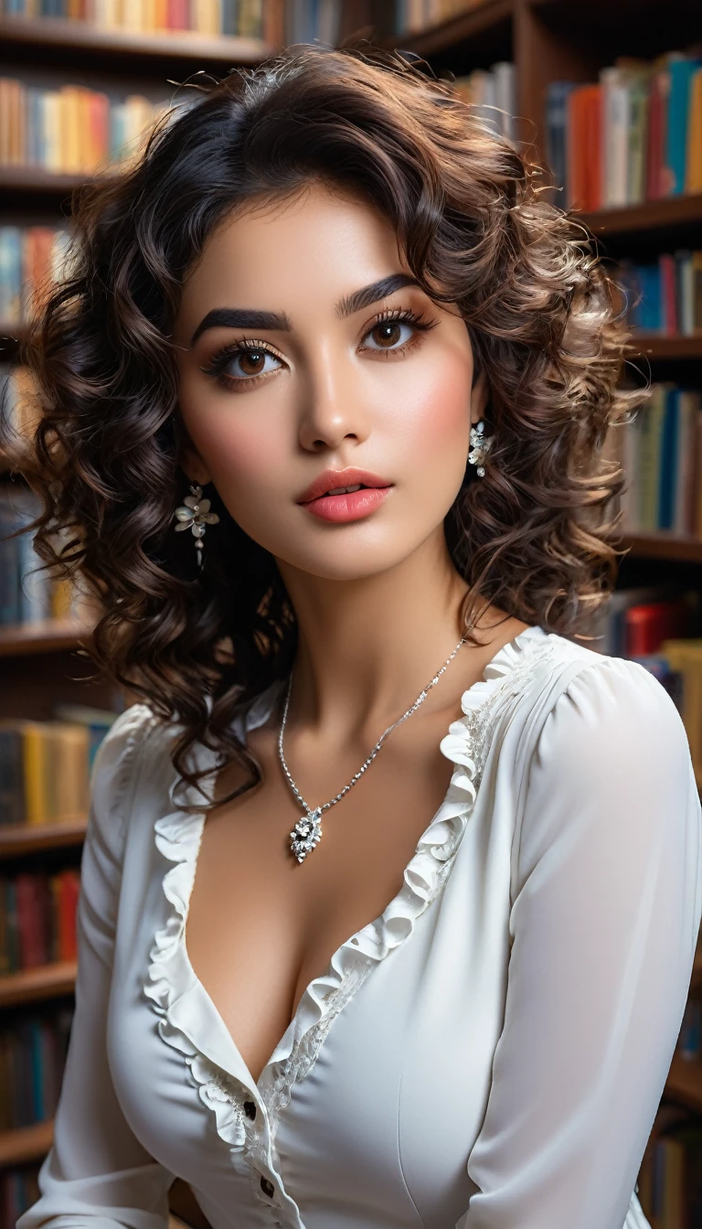 (((beautiful beautiful Isabela Merced, posing for photoshots, looking sexy, ruffled lips, Cabelo curto e curly, bangss, bangss covering the forehead, extremely beautiful eyes))), ((wearing floral silver necklace)), realistic photoshotgraph, highy detailed, Spitz focus, (Main lighting), (indoor bookstore environment), work of art, very short and curly hair, bangss, bangss covering forehead, extremely beautiful, Perfect beauty, (perfect shape body, Broad Hips, small waist, thick-thighs, firm abs, Body cute, sexy legs, gorgeous knees knees, kneecaps, focus on the knees, breasts small), ((30 years old)), (extremely detaild 8k wallpaper), ((face detailed)), (((wearing white shirt, saia curta de tweed, kneecaps, knees, nylons with a seam, Strad sandals)), (long dark eyelashes), (((aretes))), (looking at the camera), (((kneecaps)))) (glamor model), (seductive facial expression) (((standing between tall shelves full of books))), extremely detaild, work of art, details Intricate, highy detailed, Spitz focus, skin detailed, realistic skin texture, texture, detailedeyes, high resolution, kodak vision color, photoshot_\(ultra\), Post-processing, maximum detail, roughness, real-life, ultra realistic, photoshotrealism, photoshotgraphy, absurderes, RAW photoshot, highest quallity, high detail RAW color photoshot, professional photoshot, extremely detaild UHD 8k wallpaper unit, best qualityer, high resolution, (work of art, maximum quality, high resolution:1.4), photoshot, cinematic, Film grain, Spitz, soft natural light, magic photoshotgraphy, super verbose