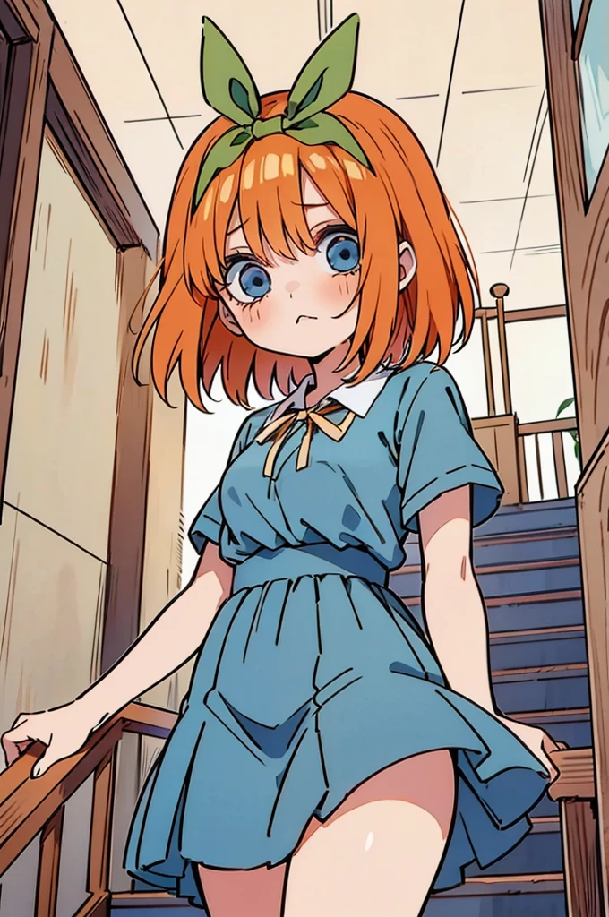 Yotsuba nakano, comind down the stairs, looking down,, yotsuba going downstairs, (1 girl, solo, alone), , sfw, nakano_yotsuba, blue eyes, indigo eyes, aayotsuba, short orange hair, yotsuba from The Quintessential Quintuplets, masterpiece, 4k, ultradetailed, cowboy shot, short orange hair, green ribbon, hair ribbon, blue eyes, innocent, pure, tender, frightened, terrified face