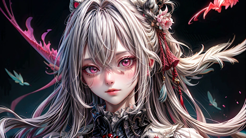 idoly，tmasterpiece，top-quality，Beautiful face，Absurdity，（Close-up of the head，White frilled mini skirt，White collar，White frilled cuffs，particle effect：1.5），（ssmile：1.5），（white color hair，A few strands of red hair，Red-pink eyes：1.7），dual horsetail，Jellyfish head，Sharp focus，Realistic and detailed，A high resolution，best detail，hyper-high detail，Facial and eye details，Sharp pupils，Realistic pupils，Sharp focus，Smooth skin，（blooms，Halo：1.4），（dark studio，deep dark background：1.5），Edge lighting，Dynamic, dramatic lighting，HDR，8k