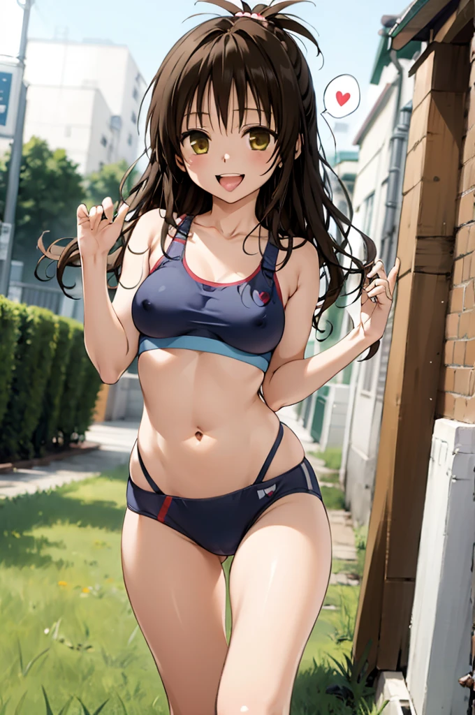 1girl,solo,yuuki mikan,, ,brown hair,, ,1girl,,,medium breasts,,open mouth,,tongue,smile,(spoken heart),outdoor,,looking viewer,sports bra,panties,walking,cowboy shot