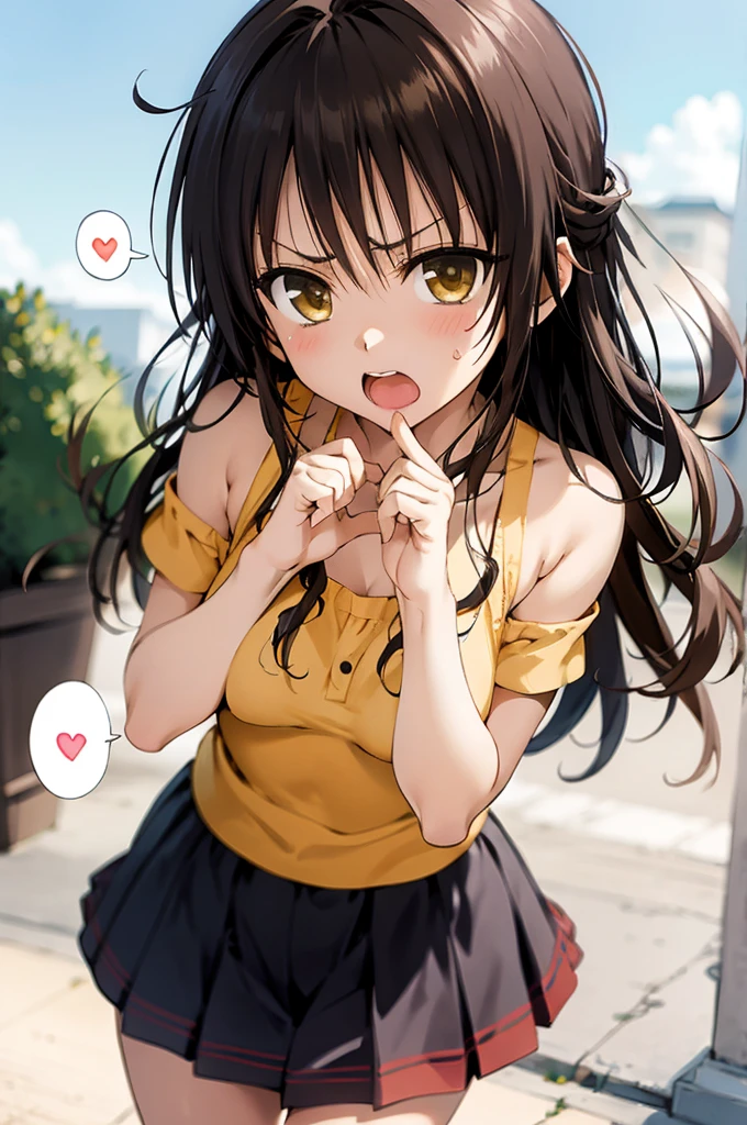 1girl,solo,yuuki mikan,, ,brown hair,, ,1girl,,,medium breasts,,open mouth,,cowboy shot,angry,(spoken heart),outdoor,,looking viewer,bare shoulder,miniskirt,