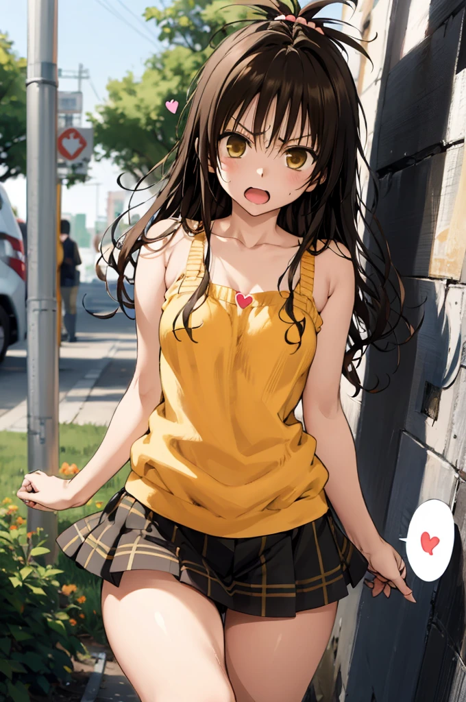 1girl,solo,yuuki mikan,, ,brown hair,, ,1girl,,,medium breasts,,open mouth,,cowboy shot,angry,(spoken heart),outdoor,,looking viewer,bare shoulder,miniskirt,
