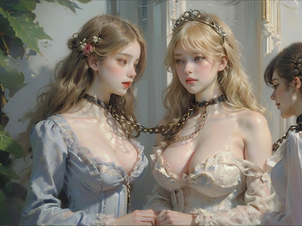 2girls,pov, women, seductive stare, ((((linked collar, collar linked together, collars linked, linked together)))), ((18 yo, detailed face, feminine skin)) , fit , (young) , beautiful , (((pale skin, wavy blonde hair))), dreamy, loving stare, bright magical fairytale fantasy atmosphere, sexy, flowers in hair, surrounded by flowers, happy, playful, ((big soft heavy breasts, busty cleavage, maid, huge tits)), in love, magical mist energy, hair flower, blush, pretty, elegant, cute, youthful, teen, teenager, choker, collar, ((huge hanging boobs)), (((Baroque court dress, fantasy, aesthetic of softness and gentleness and innocence and fertility, ruby necklace)))
