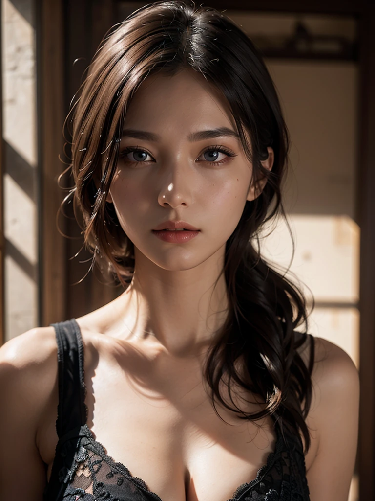 A mysterious beautiful woman, cleavage, small breasts, detailed face, beautiful eyes, detailed lips, long eyelashes, cinematic lighting, dramatic shadows, highly detailed, 8k, ultra-detailed, hyper-realistic, photorealistic, masterpiece, digital art, fantasy, intricate details