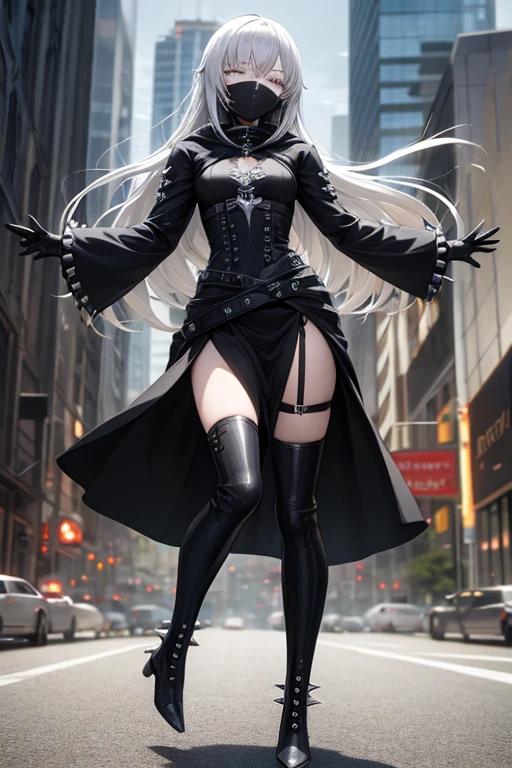 ((best quality)), ((masterpiece)), (detailed), 1 girl, Full body, 18 years old, Depressed face, Silver eyes, Arms outstretched, Arms behind waist, Metal mask covering eyes, Eyes covered, Silver hair, Long hair, Spiky hair, Bangs, Strand of hair covering eye, Full body, Tall, Small breasts, Slim body, Grey hood, Metal spikes, Grey wrist guards, Long black gloves with spikes, Grey gothic outfit, Gothic lolita, Grey dress with metal spikes, Metal emblem, Tight fit, Black belt, Black stockings, Black boots, Walking through the city, Metal spikes coming out of highway, City background, Grey clothes, Superhero, Anime, Knifedoll