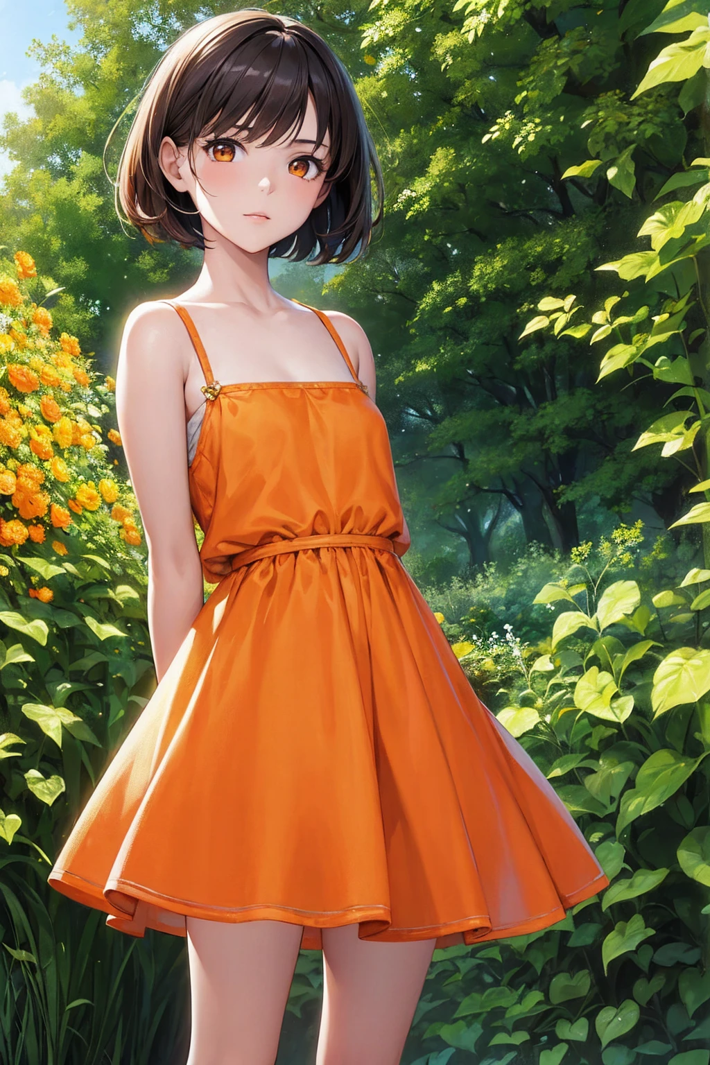 Masterpiece,stunning realistic, best quality, sharpness, 1 girl,13 years old,very short hair,brown hair,(straight hair:1),orange eyes,(arms behind back:1),standing in a garden,orange summerdress, 