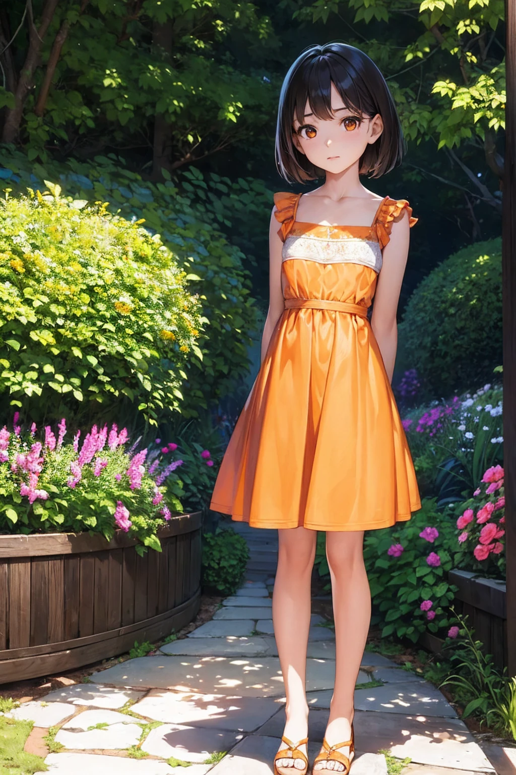 Masterpiece,stunning realistic, best quality, sharpness, 1 girl,13 years old,very short hair,brown hair,(straight hair:1),orange eyes,(arms behind back:1),standing in a garden,orange summerdress,