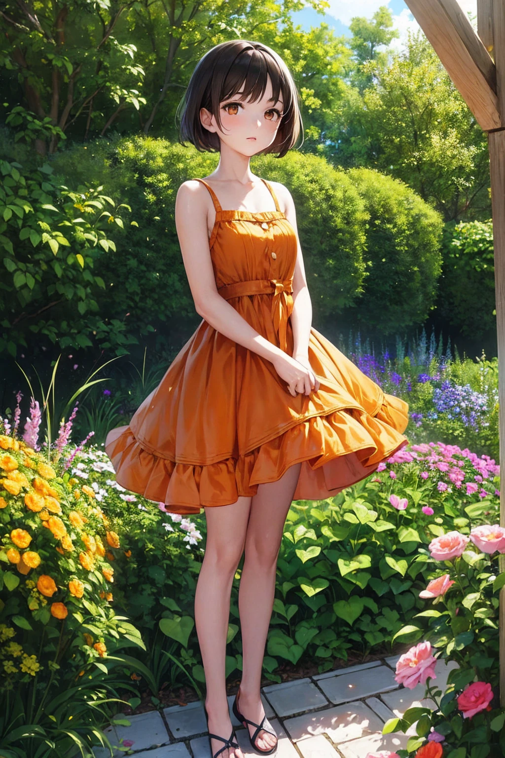 Masterpiece,stunning realistic, best quality, sharpness, 1 girl,13 years old,very short hair,brown hair,(straight hair:1),orange eyes,(arms behind back:1),standing in a garden,orange summerdress,