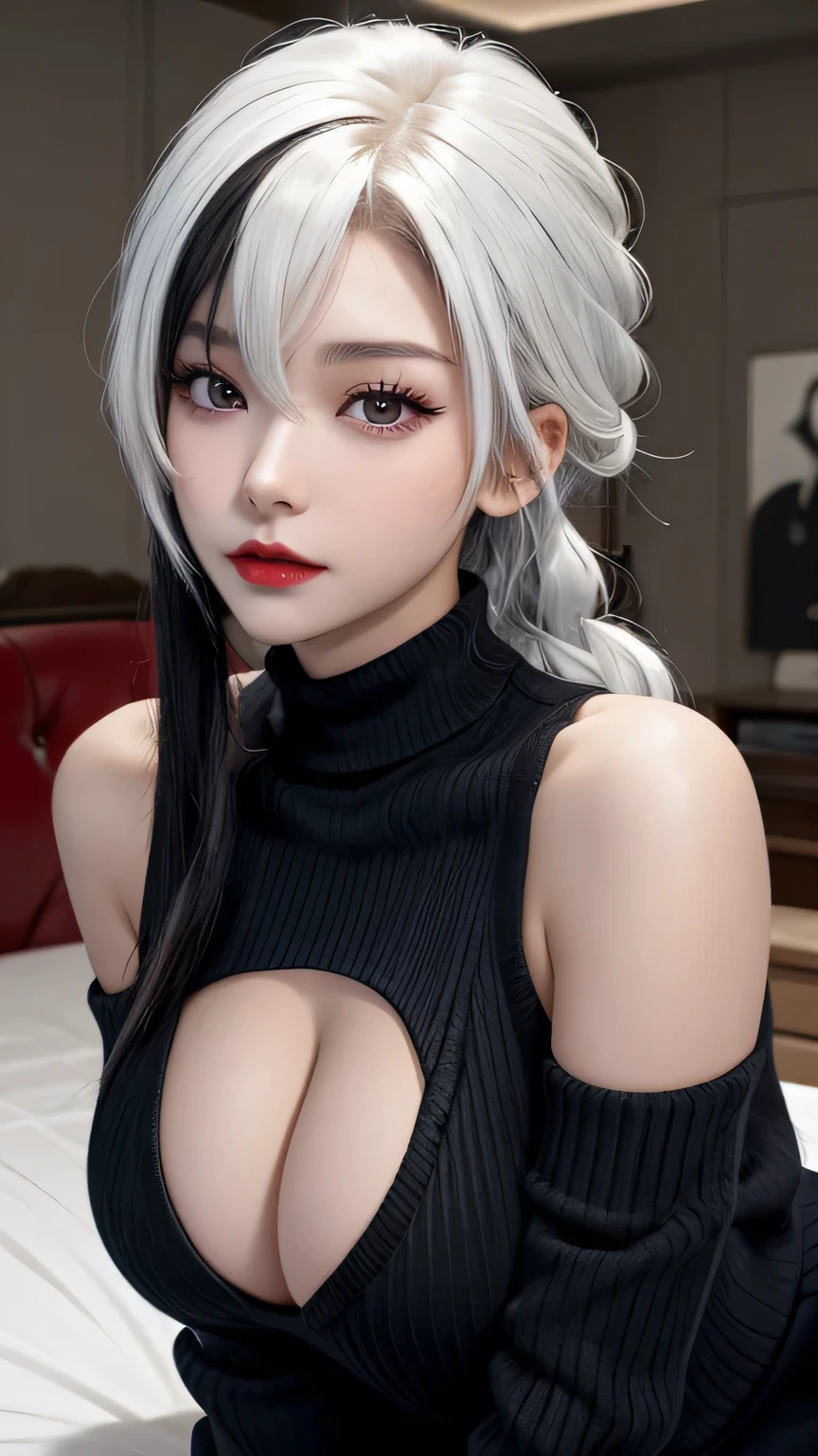 Realism、Blatant、-yeld giWear a black turtleneck sweater，Off-shoulder，Face enhancement，Big breasts zoom，Emphasize cleavage，Super huge ，Looking from the bottom up，White hair，Black Hair，Colorful Hair，short hair，Straight Hair，Long braids（White），Glowing red eyes，Red X pupil，Cold expression，Red lips，Sexy，Sitting on the bed，Sexy、Hold the back of your head with both hands、Wearing a turtleneck sweater，Sweaty face