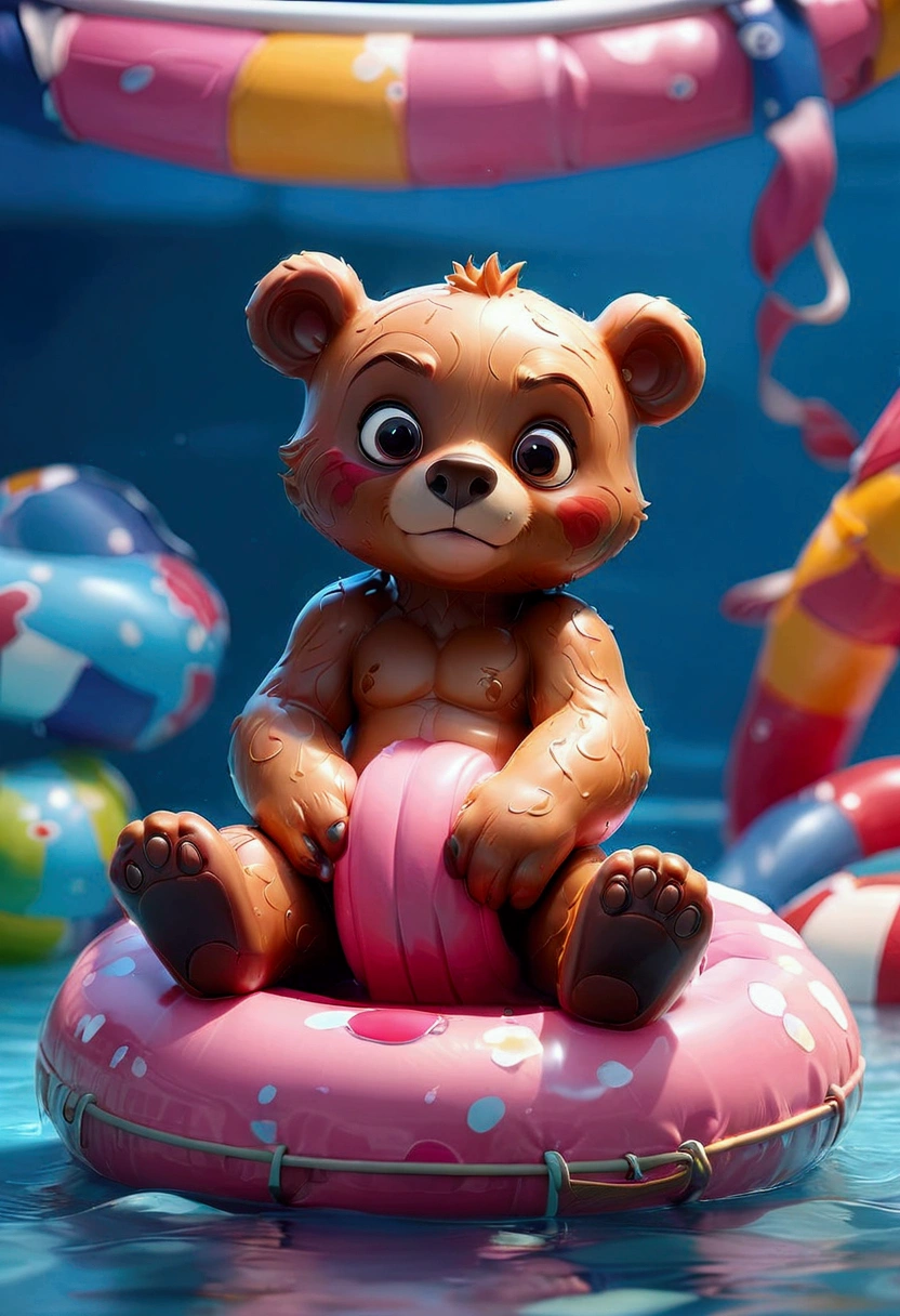 Pool , An adorable bear cub floating on its back on a pink inner tube in a swimming pool, hyperdetailed, 8k resolution concept art, cinematic, volumetric lighting, maximalist, detailed matte painting, deep color, fantastical, intricate detail, splash screen, complementary colors, fantasy concept art, 8k resolution trending on Artstation Unreal Engine 5, masterpiece, best quality, very aesthetic, absurdres