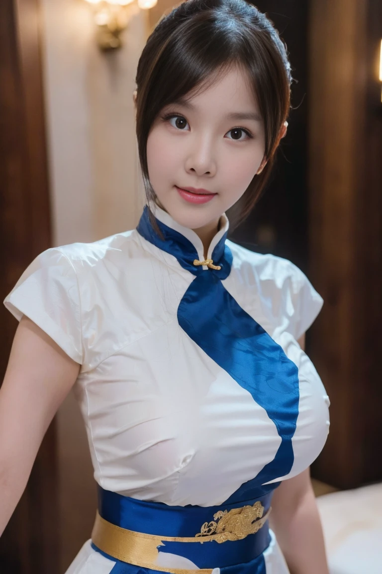 《Street Fight II》Chun-Li,Perfect Chun-Li Costume,Blue and gold thread cheongsam,Bun head,Very good cover,Fighting Stance,masterpiece、1 beautiful girl、beautiful eyes、Puffy eyes、best quality, 超high resolution, (Reality: 1.4), light、Japanese、Asian Beauty、Korean、Super beautiful、Beautiful skin、body facing forward、Close-up of face、(Ultra-realistic)、(high resolution)、(8K)、(Very detailed)、(Beautiful eyes)、(Super detailed)、 (wall-)、Delicate face、Bright Light、Professional lighting、Looking at the audience、Direct vision、side fringe、Nogizaka Idol、Korean Idol、masterpiece, best quality, masterpiece, best quality, Perfect face, Perfect brown eyes and white sclera, Bad move -5, Solitary, 1 girl, Upper Body, brown hair, From SF2, Chinese service, Smile, muscular woman, Blue clothes, Pantyhose, Pelvic Curtain, puffy short sleeves, Good cover, sash, Evaluate: