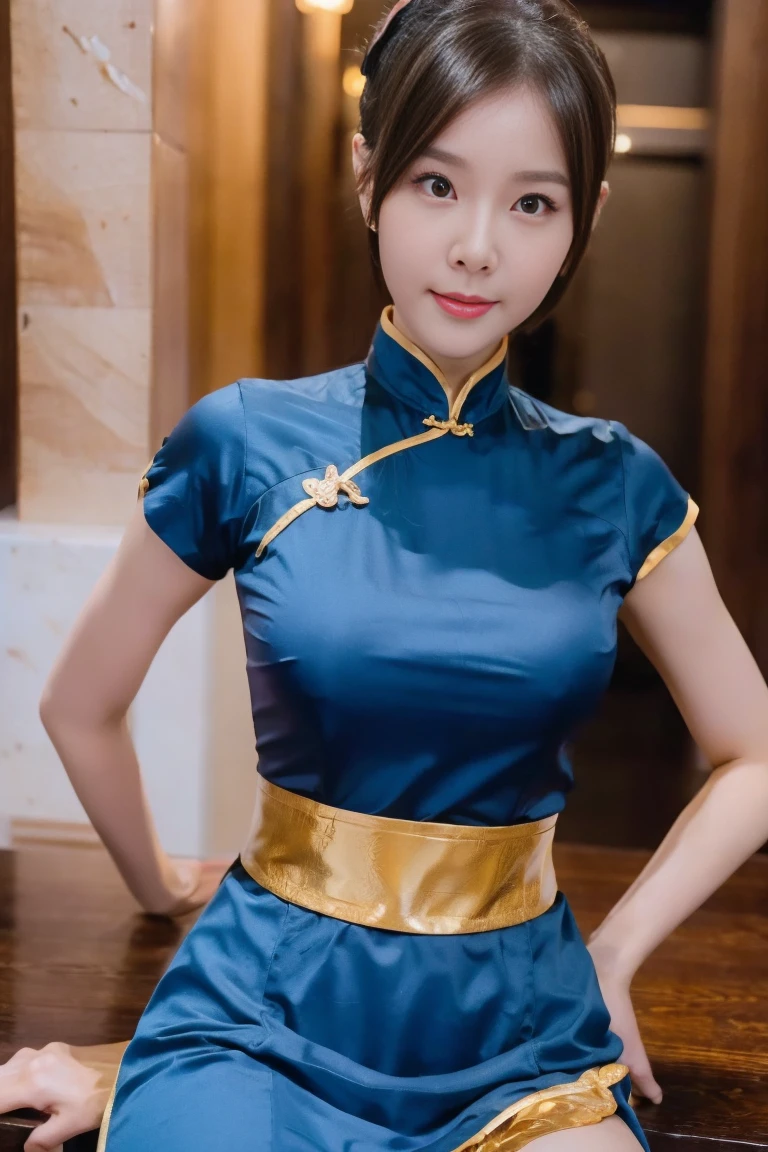 《Street Fight II》Chun-Li,Perfect Chun-Li Costume,Blue and gold thread cheongsam,Bun head,Very good cover,Fighting Stance,masterpiece、1 beautiful girl、beautiful eyes、Puffy eyes、best quality, 超high resolution, (Reality: 1.4), light、Japanese、Asian Beauty、Korean、Super beautiful、Beautiful skin、body facing forward、Close-up of face、(Ultra-realistic)、(high resolution)、(8K)、(Very detailed)、(Beautiful eyes)、(Super detailed)、 (wall-)、Delicate face、Bright Light、Professional lighting、Looking at the audience、Direct vision、side fringe、Nogizaka Idol、Korean Idol、masterpiece, best quality, masterpiece, best quality, Perfect face, Perfect brown eyes and white sclera, Bad move -5, Solitary, 1 girl, Upper Body, brown hair, From SF2, Chinese service, Smile, muscular woman, Blue clothes, Pantyhose, Pelvic Curtain, puffy short sleeves, Good cover, sash, Evaluate: