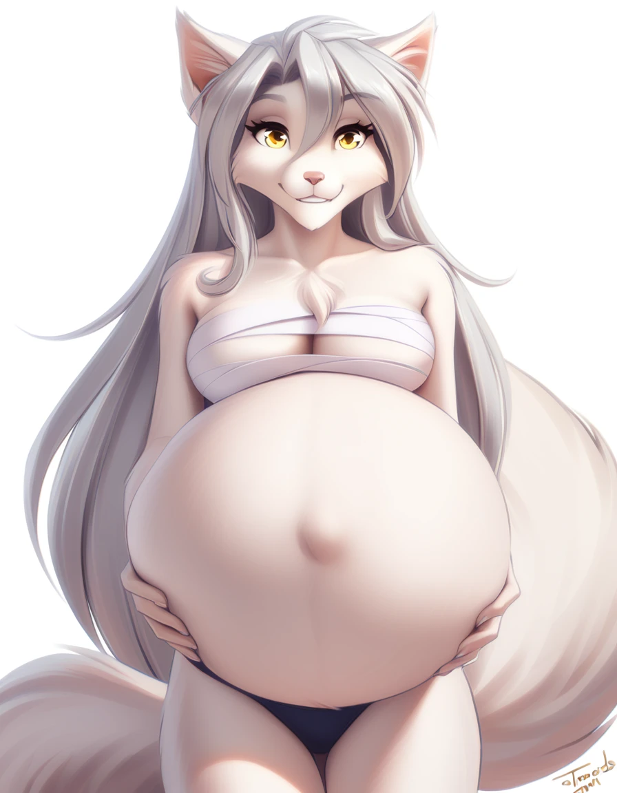 solo, tkraine, wolf, yellow eyes, silver hair, white fur, raine_silverlock, twokinds, personalami, rating:safe, white background, white_background, female, big breasts, chest_wraps, wraps Vore large belly inside Trace human male belly 