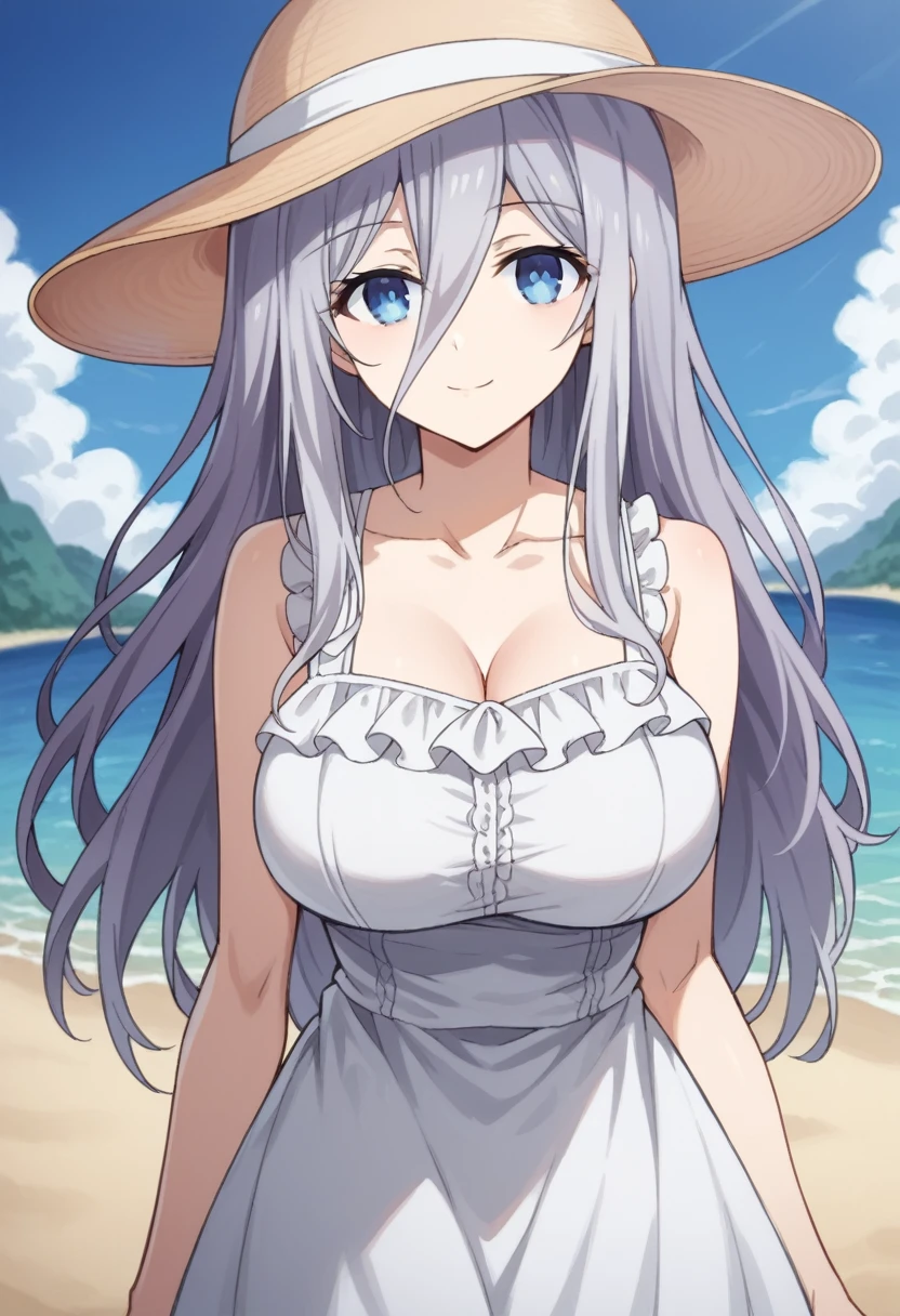 Score_9, Score_8_up, source_anime BREAK solo, 1 girl, looking at viewer, cowboy photo,
Reinamurasame, queen murasame, long hair, blue eyes, gray hair, hair between eyes, big breasts, hat, sun hat, dress, bare shoulders, collarbone, sleeveless, white dress, sleeveless dress, summer dress,
outdoor, beach, leaning, smile,
cowboy shot, dutch angle, looking at viewer, solo,