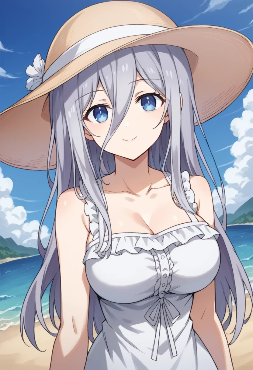 Score_9, Score_8_up, source_anime BREAK solo, 1 girl, looking at viewer, cowboy photo,
Reinamurasame, queen murasame, long hair, blue eyes, gray hair, hair between eyes, big breasts, hat, sun hat, dress, bare shoulders, collarbone, sleeveless, white dress, sleeveless dress, summer dress,
outdoor, beach, leaning, smile,
cowboy shot, dutch angle, looking at viewer, solo,