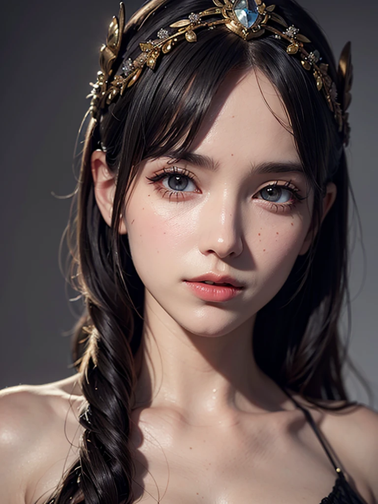 A mysterious beautiful woman, cleavage, small breasts, detailed face, beautiful eyes, detailed lips, long eyelashes, cinematic lighting, dramatic shadows, highly detailed, 8k, ultra-detailed, hyper-realistic, photorealistic, masterpiece, digital art, fantasy, intricate details