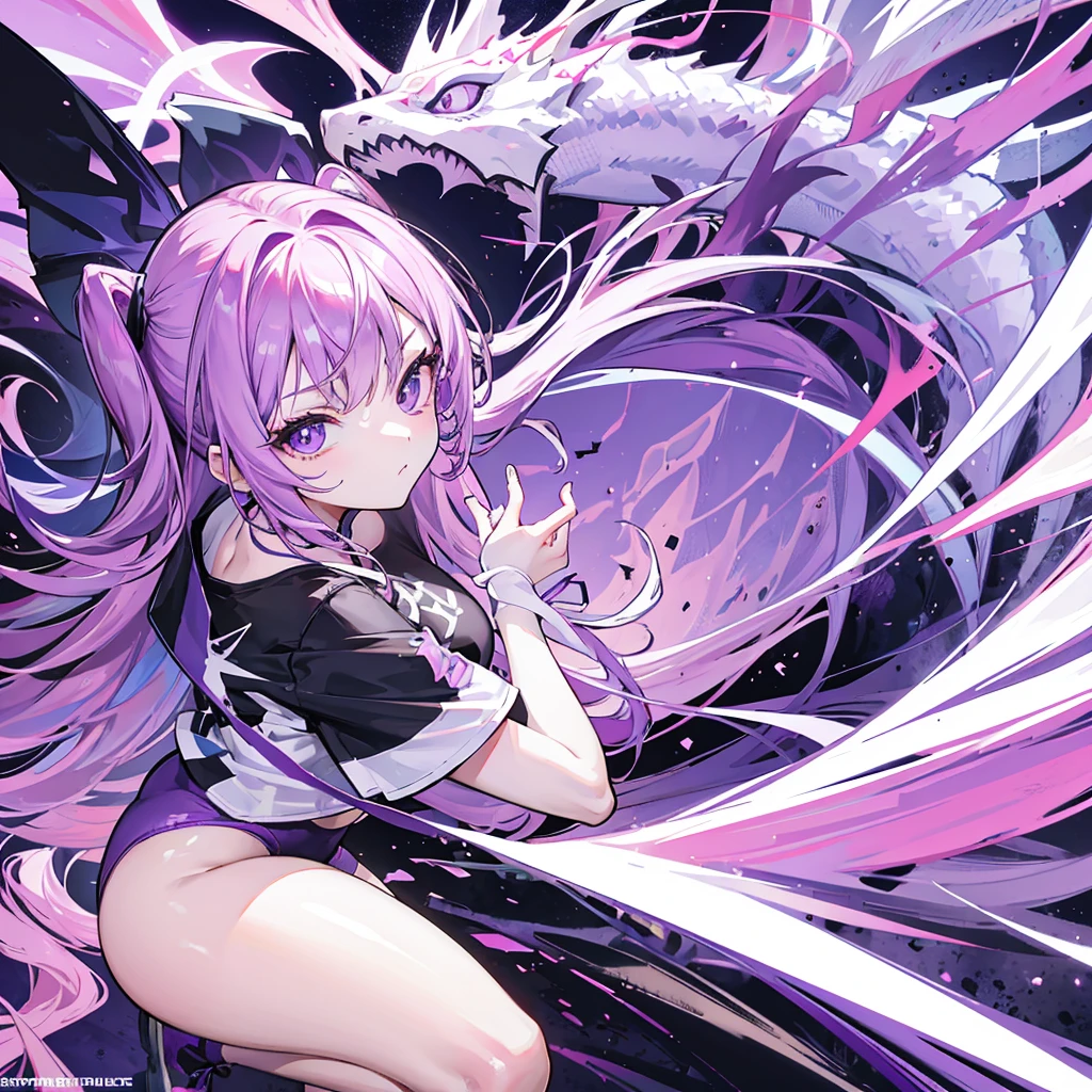 vector T-shirt design, modern graphics design, purple tones, white background, featuring a charming baby dragon with one curvy girl and smoke out of his mouth