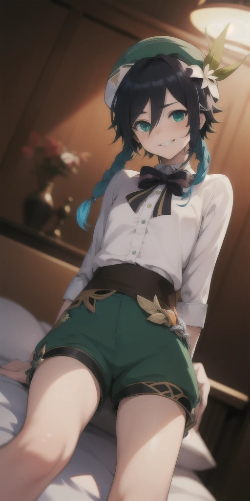 masterpiece, best quality, highly detailed, illustration, realistic, photo-realistic, absurdres, athletic, 1boy, venti (genshin impact), multicolored hair, hat, twin braids, hair between eyes, detailed eyes, , slim, young boy, age boy, green clothes, sleeves, thin thighs, shorts, looking at viewer, (lying on bed), (smirk), (hands behind back), Dark Fantasy background, Studio Lighting, depth of field