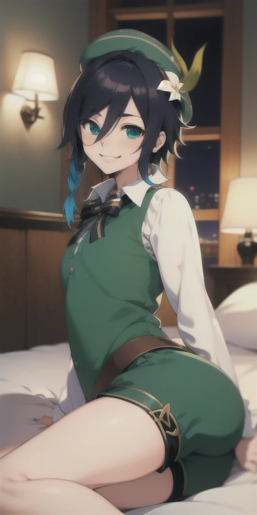 masterpiece, best quality, highly detailed, illustration, realistic, photo-realistic, absurdres, athletic, 1boy, venti (genshin impact), multicolored hair, hat, twin braids, hair between eyes, detailed eyes, , slim, young boy, age boy, green clothes, sleeves, thin thighs, shorts, looking at viewer, (lying on bed), (smirk), (hands behind back), Dark Fantasy background, Studio Lighting, depth of field