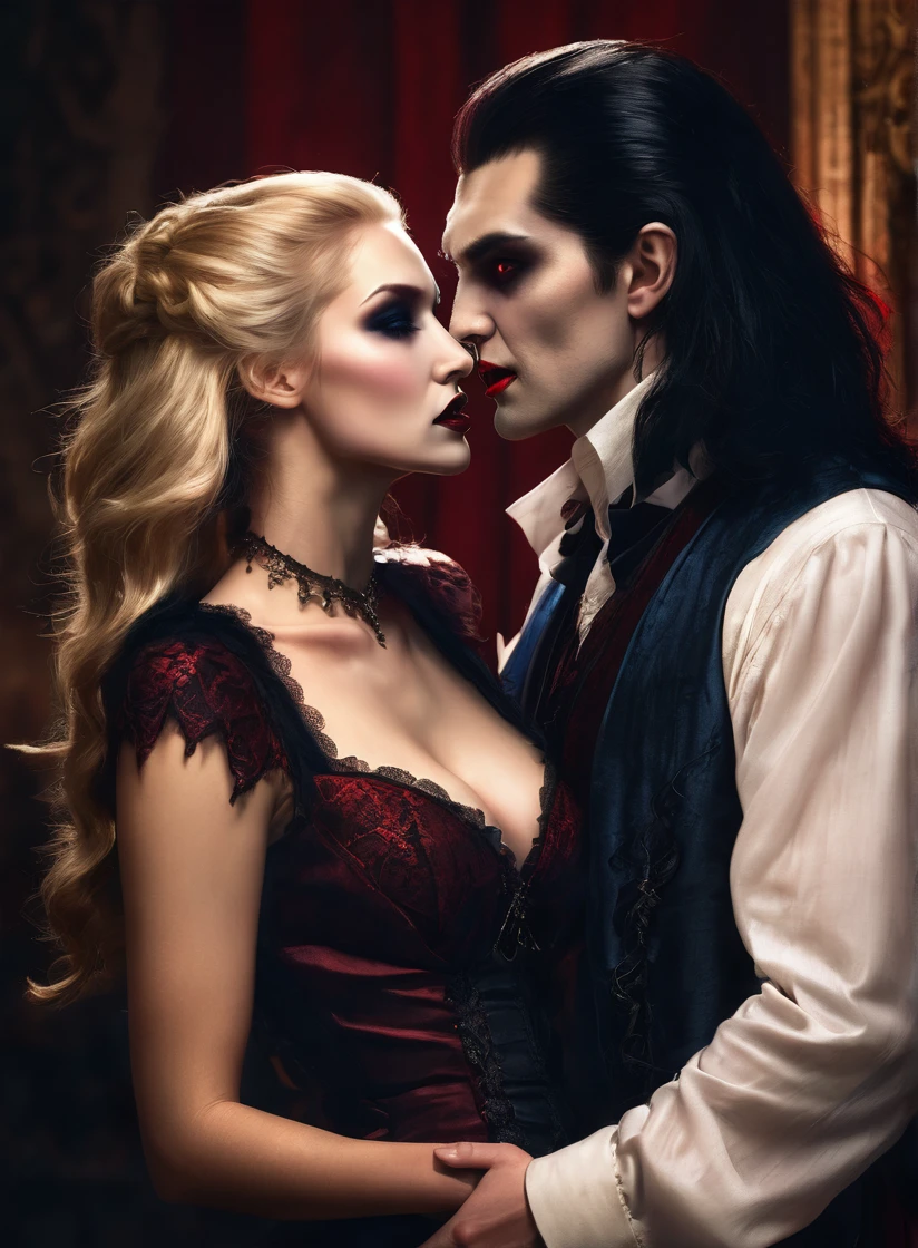 (A male vampire), (drinking blood from the neck of an attractive blonde woman), dramatic lighting, pale skin, (fangs bared), intense gaze, cinematic composition, dark moody atmosphere, deep red and blue color tones, photorealistic, highly detailed, intricate textures, dramatic shadows, cinematic lighting, the woman is in a light, elegant dress, the focus is on the interaction between the vampire and the woman. woman in skimpy modern clothes, (human woman), (vampire man), large vampire fangs, vampire have large canines, vampire canines