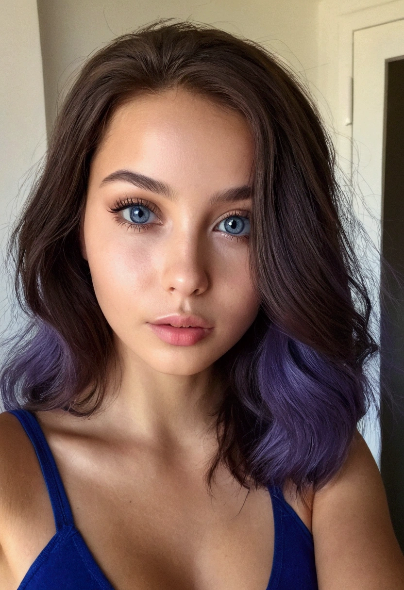 arafed, femme latina , à, vêtements noirs, fille sexy aux yeux bleu, portrait sophie mudd, cheveux bruns et grands yeux, selfie d'une jeune femme, Yeux de chambre, violette myers, sans maquillage, Maquillage naturel, regarder directement la caméra, Visage avec Artgram, Maquillage subtil, Superbe photo du corps entier, dans la chambre, clivage