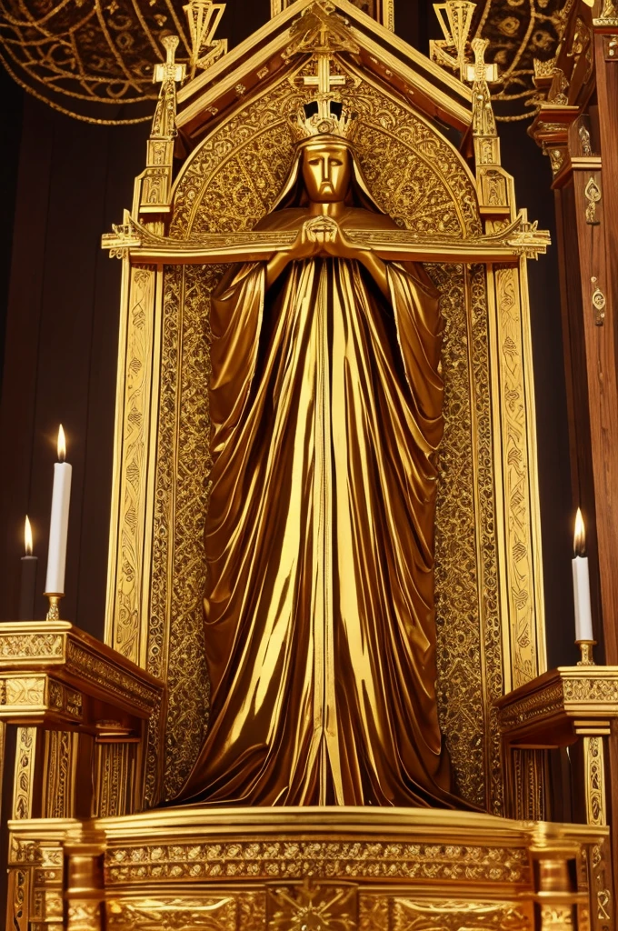 create a shiny, golden throne and a wooden cross with splinters , united and beautiful, 8k image
