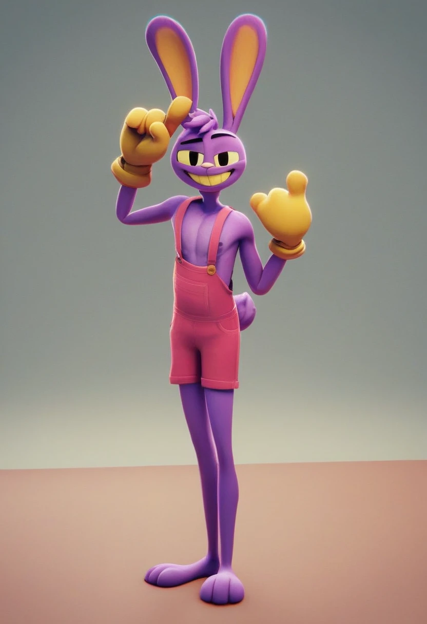 jax, solo, looking at viewer, smile, gloves, 1boy, animal ears, standing, male focus, rabbit ears, black eyes, pink overalls, furry, furry male, yellow gloves, full body, no shoes, purple fur, yellow teeth, yellow iris, skinny, 3d, source, source_cartoon