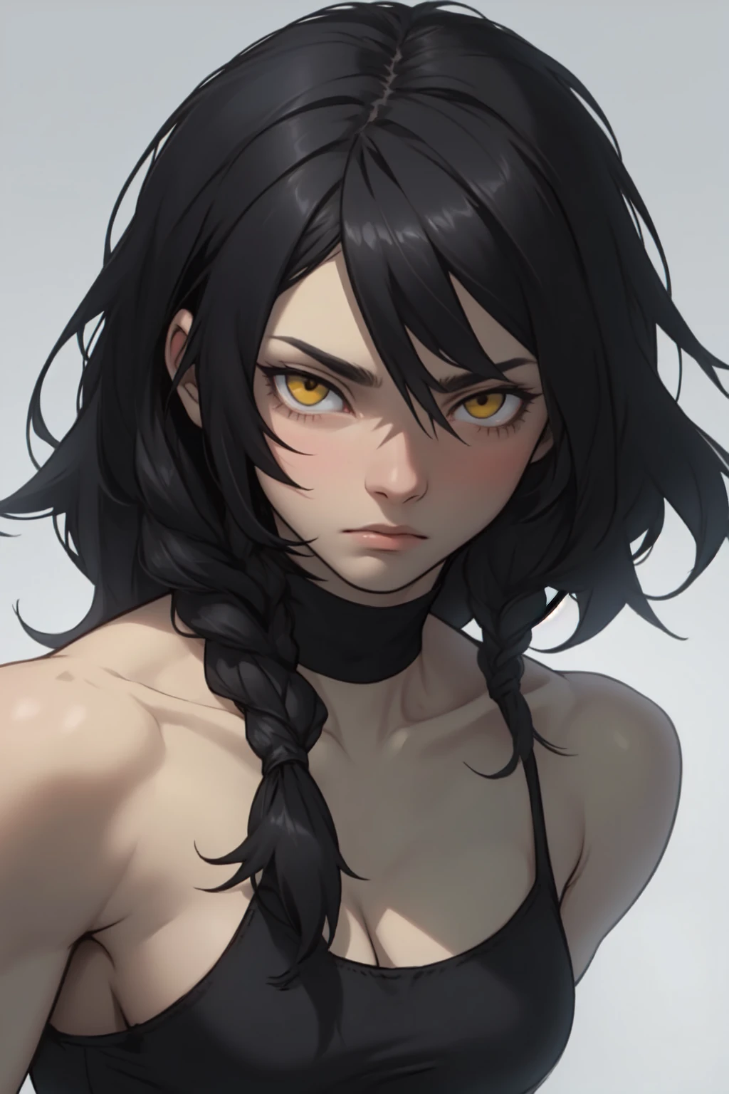 slender girl thick thick thick muscular girl black hair yellow eyes pale skin sad girl expressionless sad
