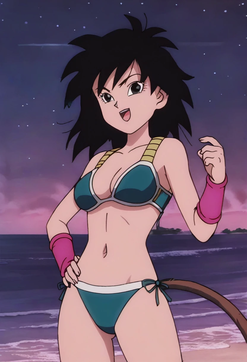 source_anime, score_9,score_8_up, score_7_up, ginedb, anime screencap,
1girl, shadow, solo, long hair, breasts, open mouth, star \(sky\), black hair, night sky, bare shoulders, medium breasts, collarbone, upper body, cowboy shot, medium , spiked hair, pink wristband, arm at side, happy, monkey tail, looking at front, bikini, aqua top, brassier aqua
