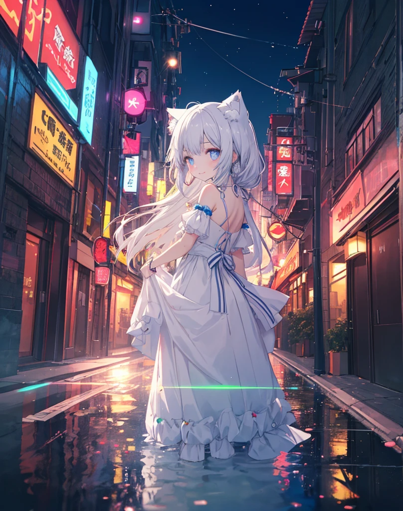 Absurd, High resolution, (Anime Style:1.1), ((Tabletop)), ((highest quality)), (Very detailed), (beautiful), solo, beautiful face、(lift),、beautiful Fine Star々、Cute girl in cute clothes standing on high hill、私はとてもbeautifulです, Delicate and detailed urban night view、One Girl、beautiful colorful hair, Colorful eyes,View your viewers,Lens flare,dramatic, From the back、Whole Body Ezbian、Low angle、(Neon Light、Accessories for girls who shine with reflection:1.3)、Laughter, neko ears, little smile