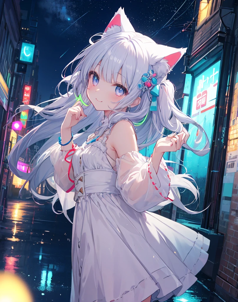 Absurd, High resolution, (Anime Style:1.1), ((Tabletop)), ((highest quality)), (Very detailed), (beautiful), solo, beautiful face、(lift),、beautiful Fine Star々、Cute girl in cute clothes standing on high hill、私はとてもbeautifulです, Delicate and detailed urban night view、One Girl、beautiful colorful hair, Colorful eyes,View your viewers,Lens flare,dramatic, From the back、Whole Body Ezbian、Low angle、(Neon Light、Accessories for girls who shine with reflection:1.3)、Laughter, neko ears, little smile