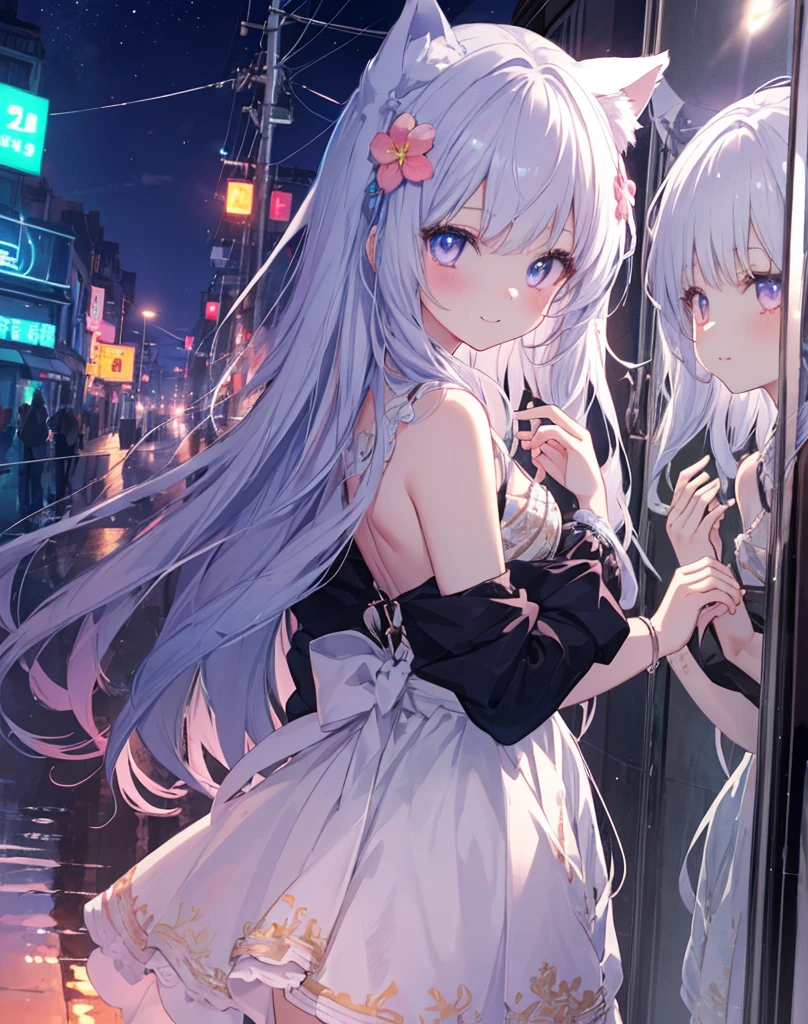 Absurd, High resolution, (Anime Style:1.1), ((Tabletop)), ((highest quality)), (Very detailed), (beautiful), solo, beautiful face、(lift),12 years old、beautiful Fine Star々、Cute girl in cute clothes standing on high hill、私はとてもbeautifulです, Delicate and detailed urban night view、One Girl、beautiful colorful hair, Colorful eyes,View your viewers,Lens flare,dramatic, From the back、Whole Body Ezbian、Low angle、(Neon Light、Accessories for girls who shine with reflection:1.3)、Laughter, neko ears, little smile
