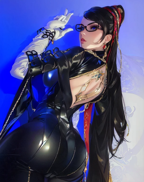 (masterpiece, best quality:1.2), intricate details, bayonetta1, 1girl, tight bodysuit, tight clothing, the bodysuit is so tight that it highlights bright blue eyes, big breasts, deep cleavage, cleavage cutout, white elbow gloves, makeup, jewelry, lipstick, hair ribbon, glasses, (mature female:1.2), very long hair, looking from behind, back view, ass view
