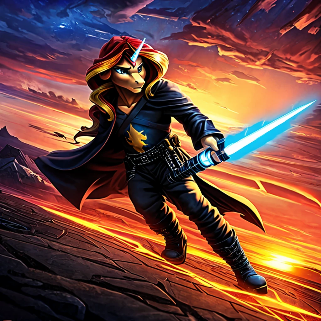 anthro unicorn pony, sunset shimmer, blue lightsaber, planet tattooine, detailed hands and feet, black robe and pants, black boots, blue blade lightsaber, millennium falcon in background, cinematic lighting, dramatic atmosphere, rich colors, highly detailed, photorealistic, masterpiece