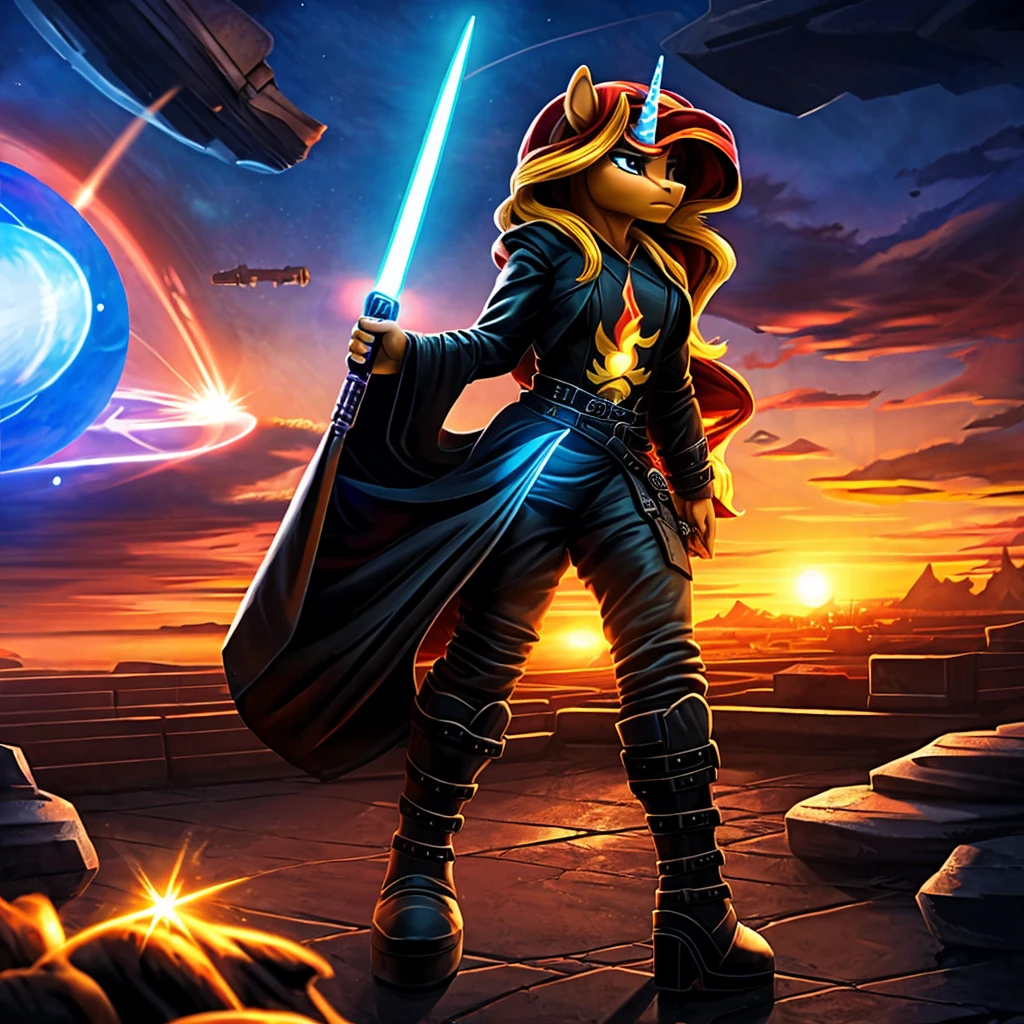 anthro unicorn pony, sunset shimmer, blue lightsaber, planet tattooine, detailed hands and feet, black robe and pants, black boots, blue blade lightsaber, millennium falcon in background, cinematic lighting, dramatic atmosphere, rich colors, highly detailed, photorealistic, masterpiece