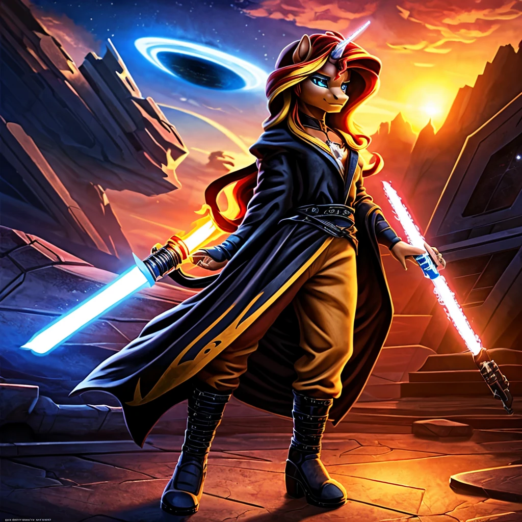 anthro unicorn pony, sunset shimmer, blue lightsaber, planet tattooine, detailed hands and feet, black robe and pants, black boots, blue blade lightsaber, millennium falcon in background, cinematic lighting, dramatic atmosphere, rich colors, highly detailed, photorealistic, masterpiece